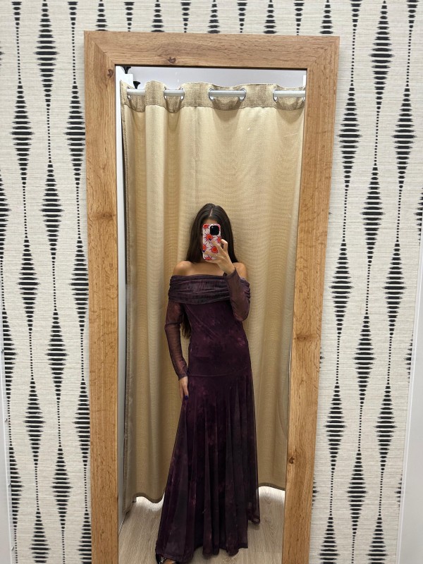 Vestido largo estampado tul con hombros descubiertos