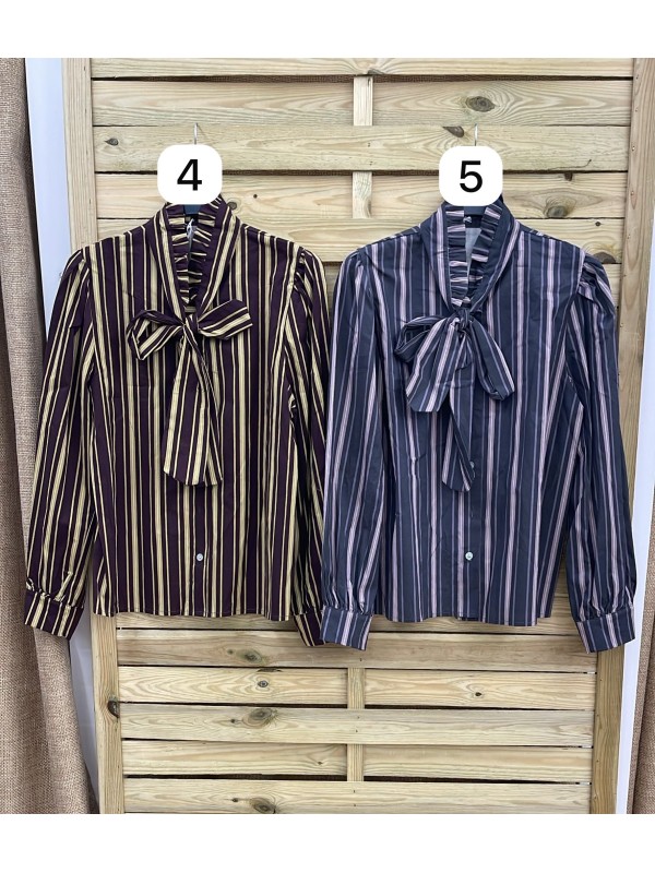 Camisa con volantito y lazada en cuello de rayas verticales 2