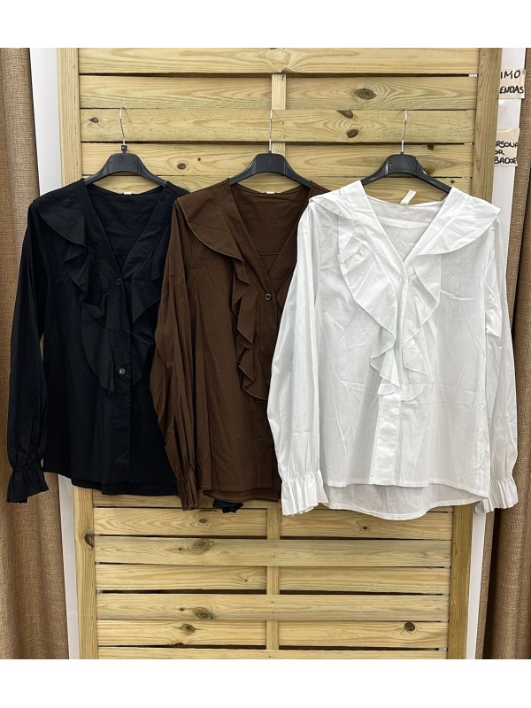 Camisa abotonada con escote en pico y doble volante vertical