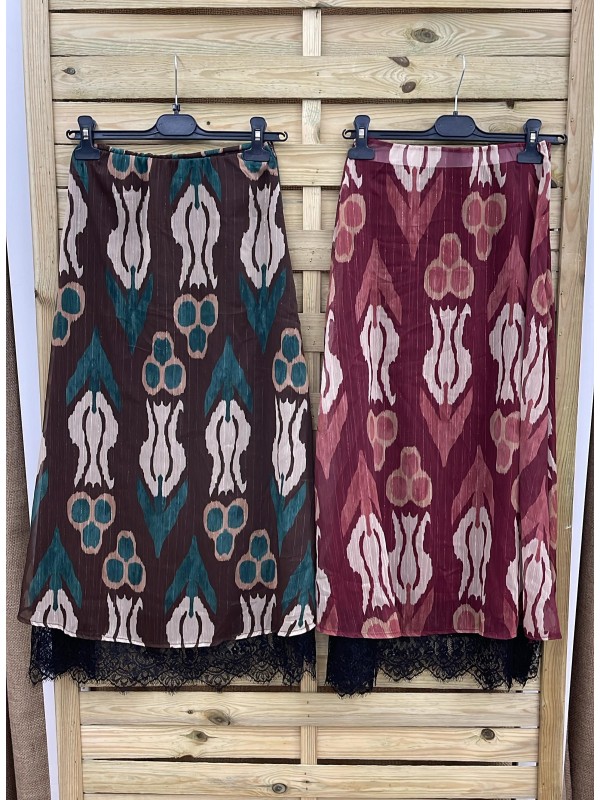 Falda midi cenefa con brillito vertical y puntilla