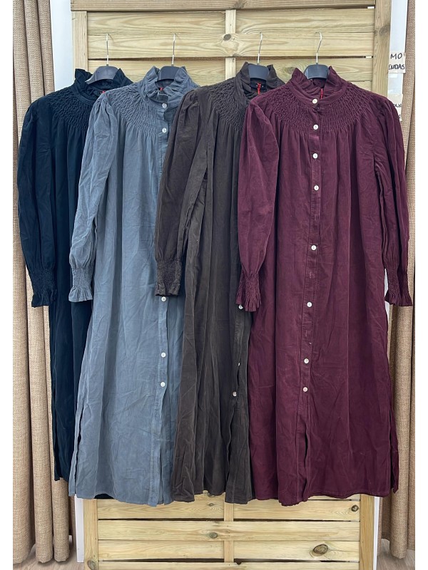 Vestido camisero micropana con cuello fruncido