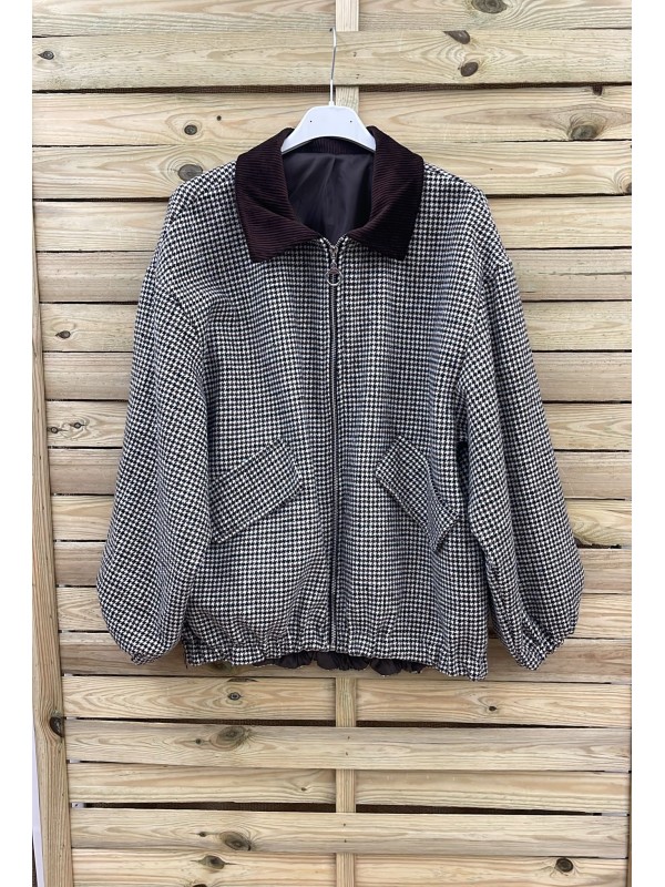 Bomber pata de gallo con cuello de pana marrón