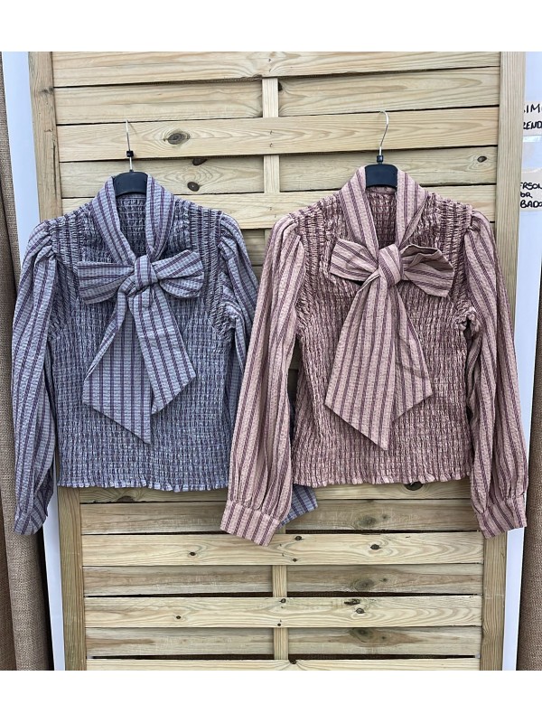 Camisa de rayas con cuerpo fruncido y maxi lazada