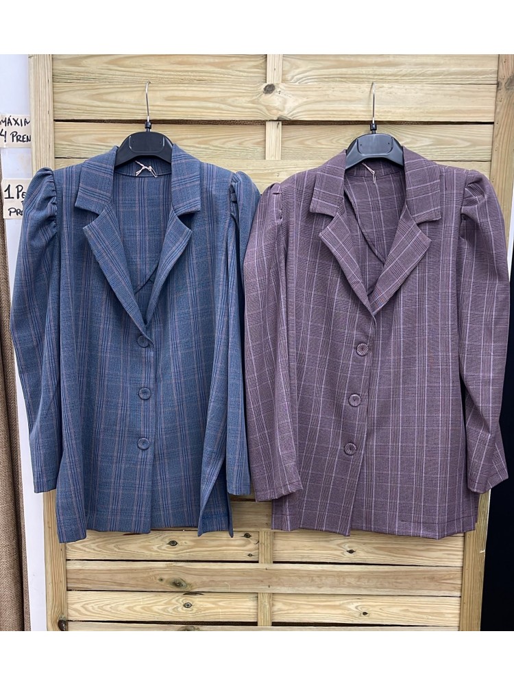 Chaqueta cuadros Leti con frunce en hombros y cinturon