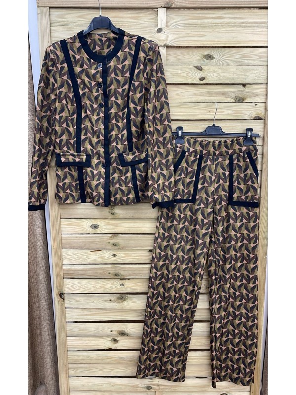 Traje de chaqueta estampado elástico con vivos negros