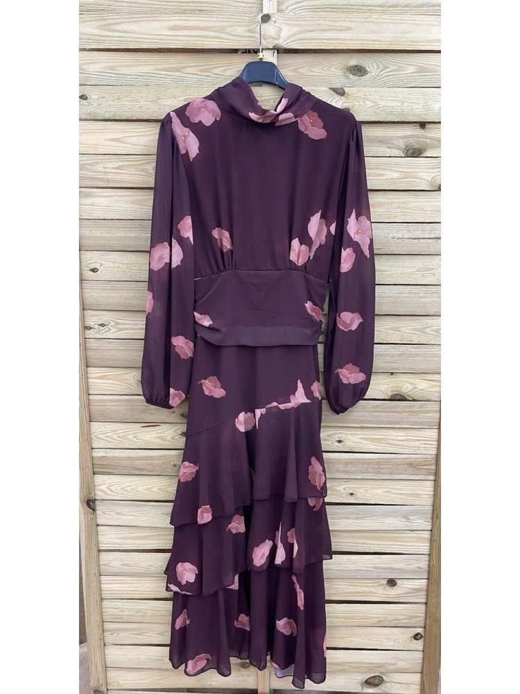 Vestido estampado de gasa con fajín y triple volante