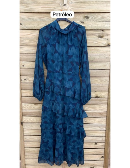 Vestido largo floral de manga larga con triple volante en falda