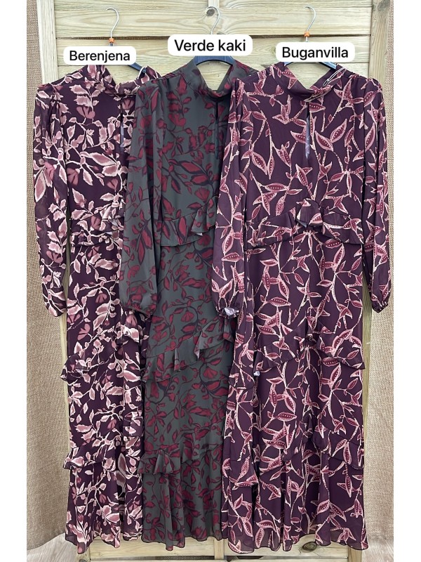 Vestido de gasa estampado con abertura en escote y triple volante en pico 2