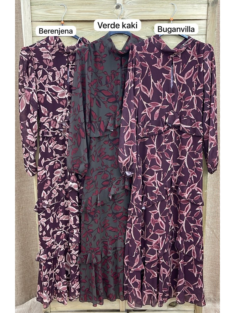 Vestido de gasa estampado con abertura en escote y triple volante en pico