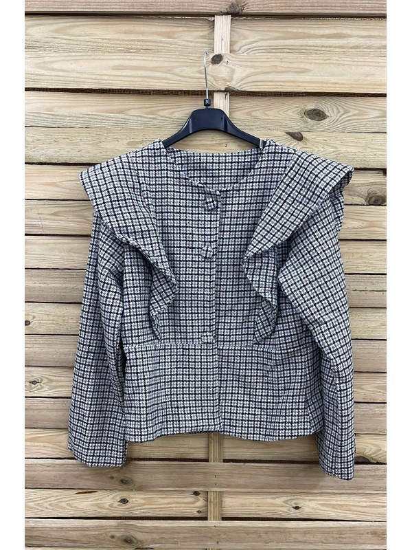 Chaqueta pata de gallo con volante en hombros y corte en cintura