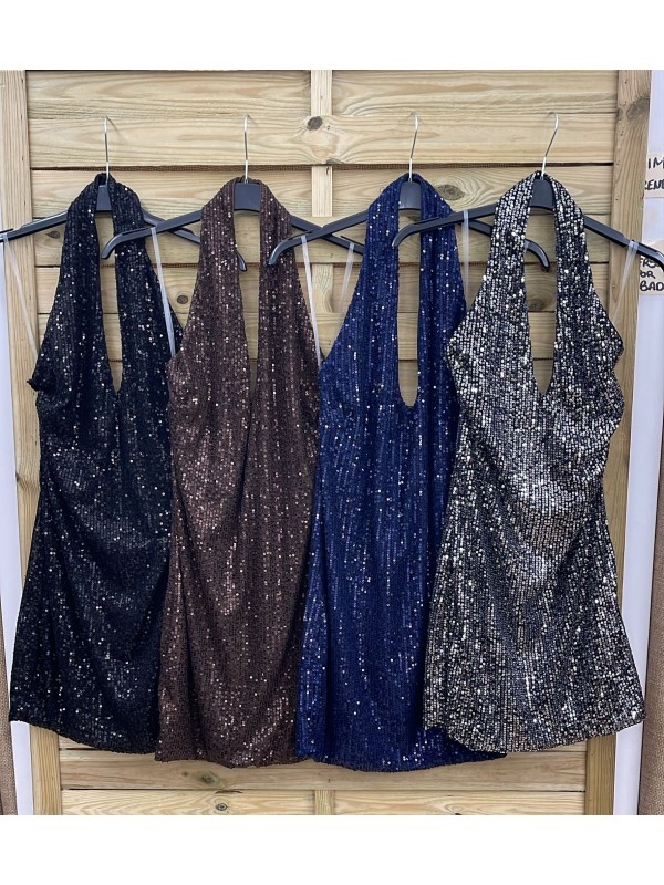 Vestido mini de lentejuelas con escote halter y espalda descubierta