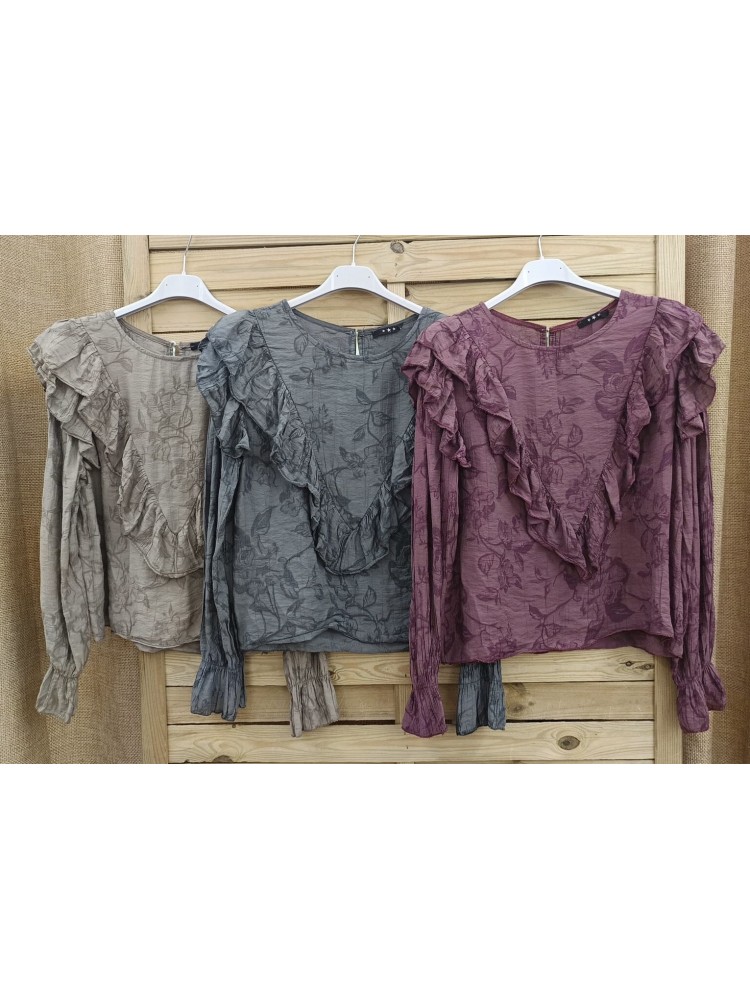 Camisa doble volante delantero lisa de flores bordadas