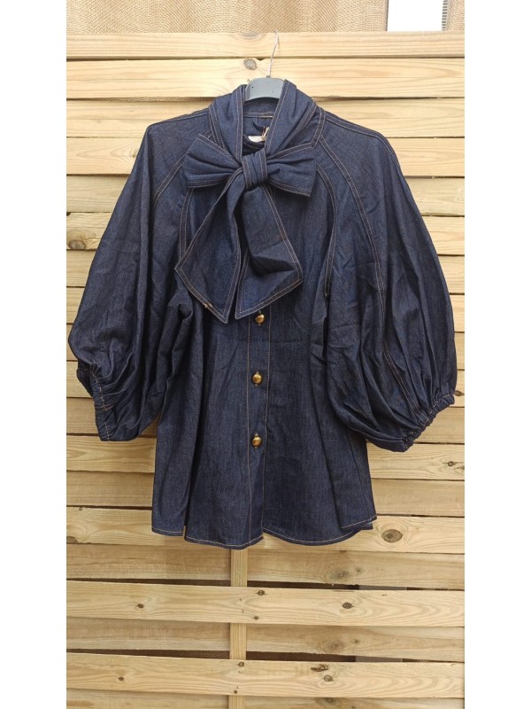 Camisa vaquera gruesa con lazada y manga francesa 2