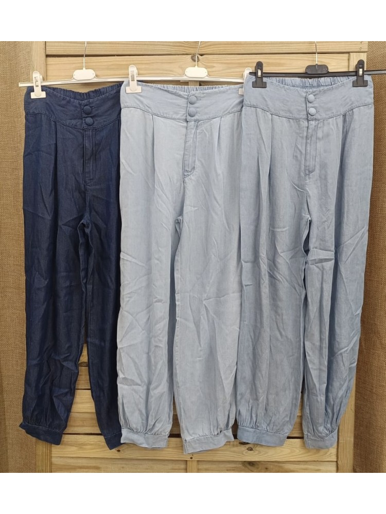 Pantalon vaquero fino bombacho con doble boton