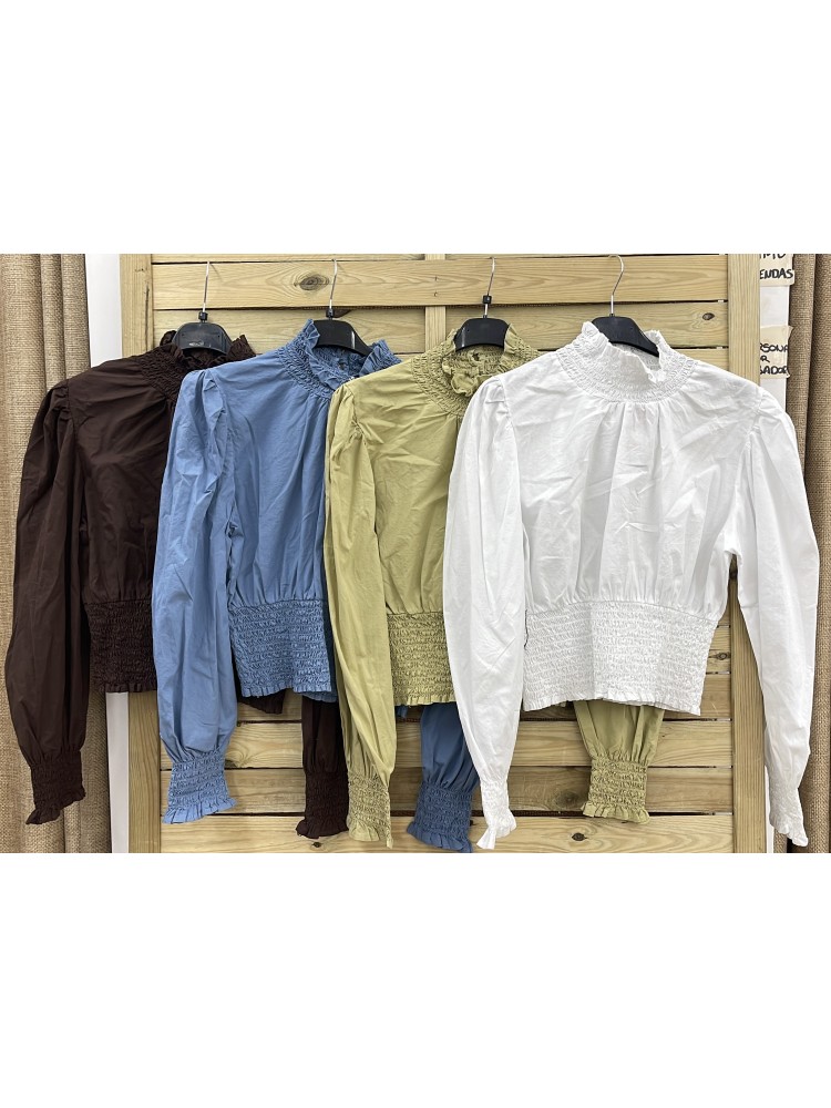 Camisa maxi frunce en cintura, cuello y puños