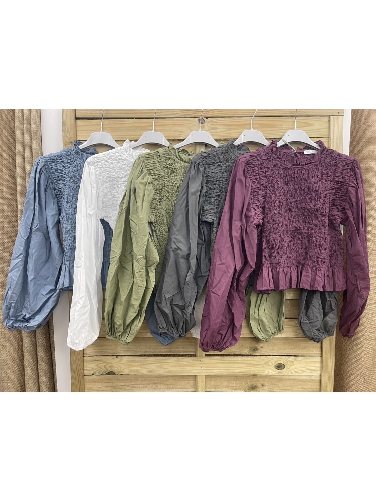 Camisa fruncida con manga abullonada lisa