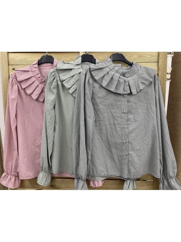 Camisa maxi cuello con pliegues de cuadros