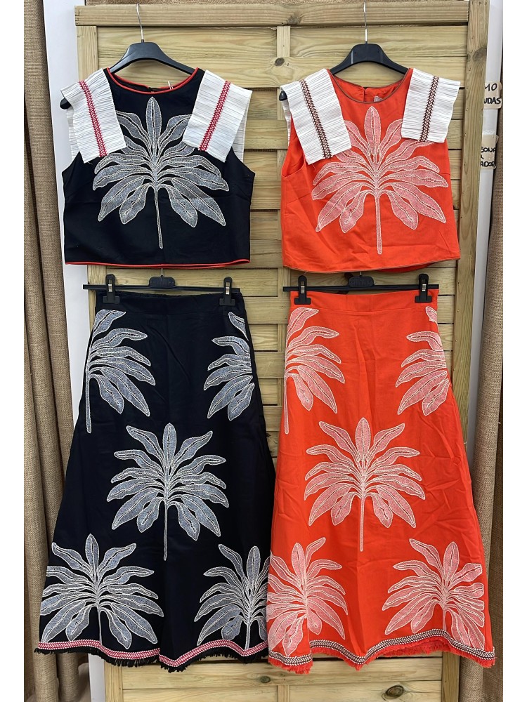 Conjunto palmeras de top y falda con detalle en hombros