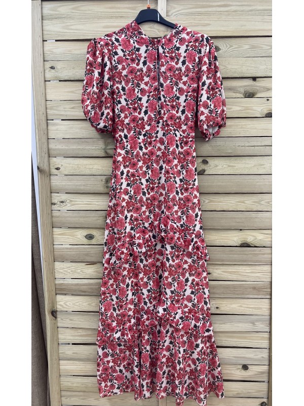 Vestido mini florecitas de gasa con manga corta y abertura en escote