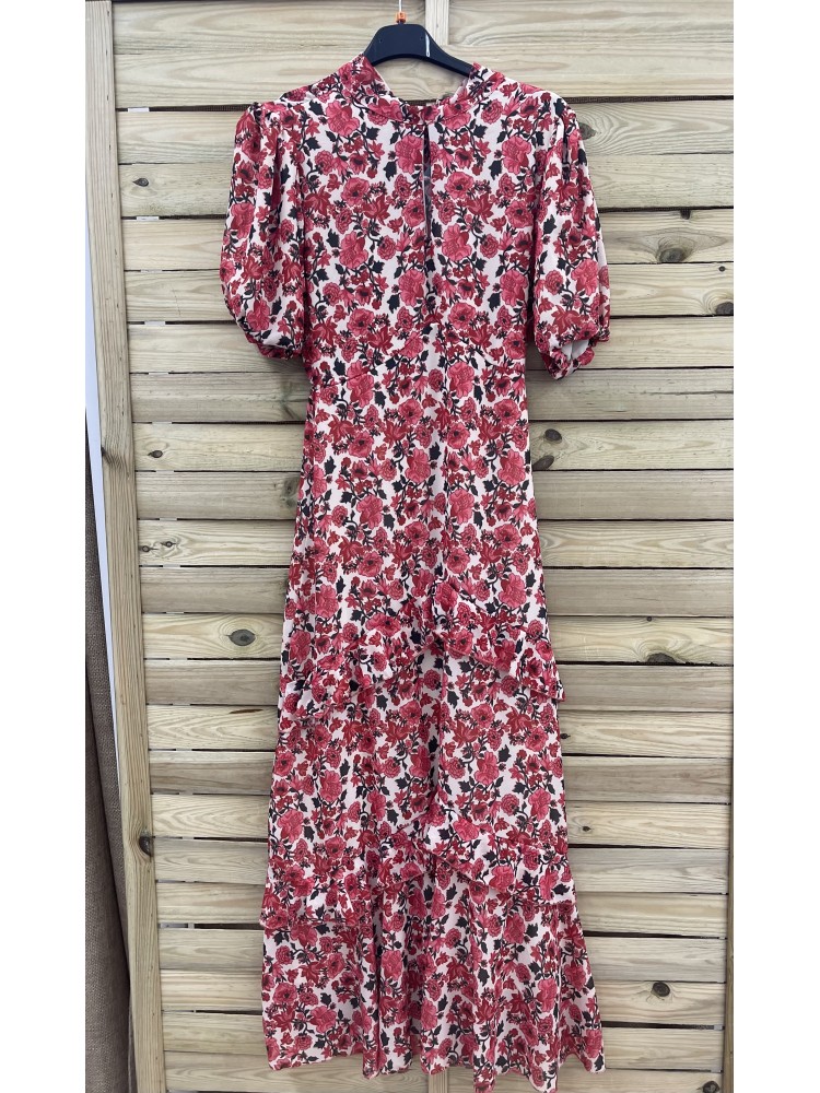 Vestido mini florecitas de gasa con manga corta y abertura en escote