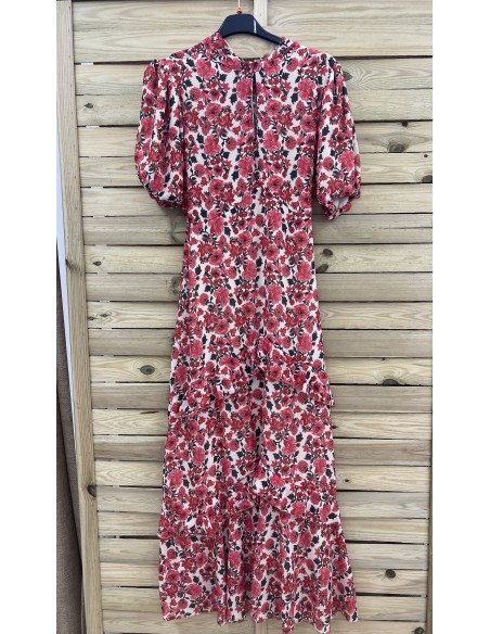 Vestido mini florecitas de gasa con manga corta y abertura en escote