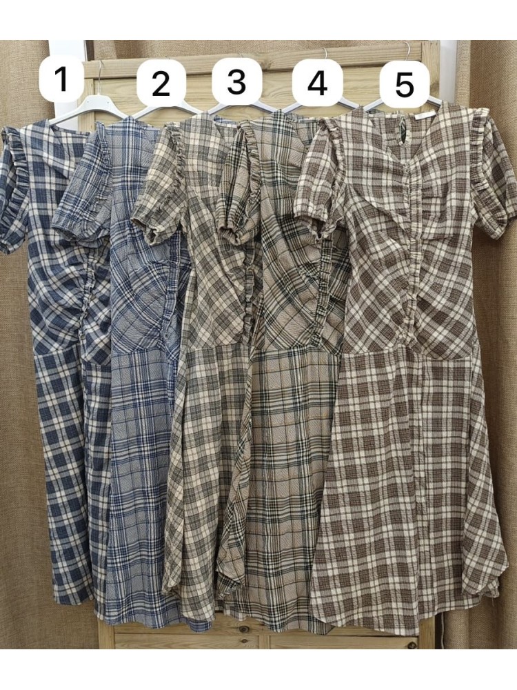Vestido de cuadros de manga corta con frunce delantero
