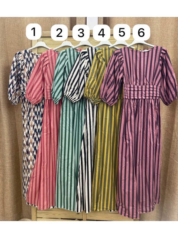 Vestido estampado con cintura de jaretas y manga abullonada