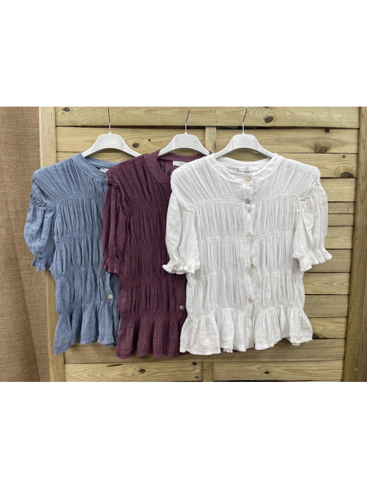 Camisa de manga corta frunce múltiple con botones